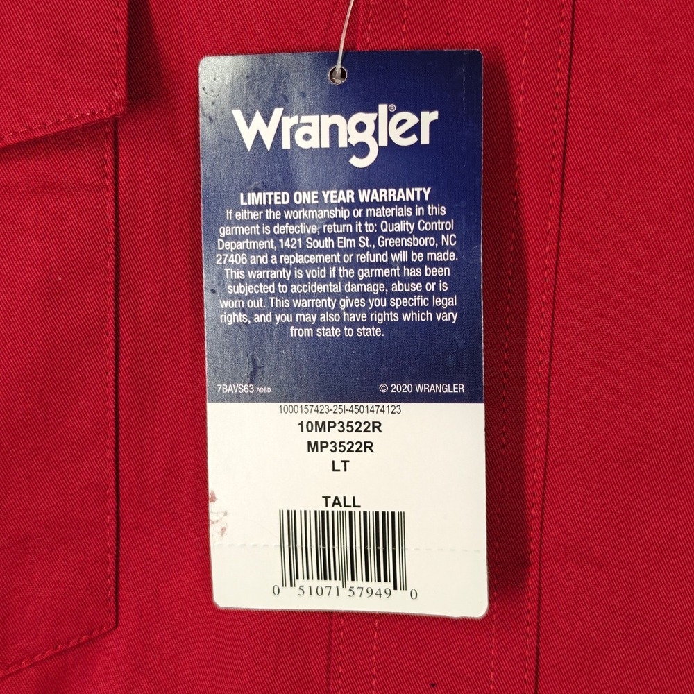 Wrangler Western Shirt Mens LT Red Long Sleeve Button Down Cotton Tall - Picture 2 of 11